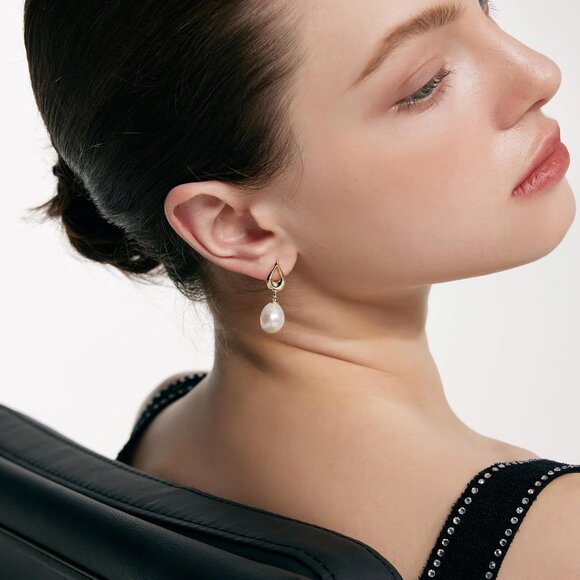 18K Gold Plated Freshwater Pearl Dangle Earrings for Women Wedding Gift - Picture 7 of 9